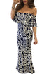 White Tendril Print Navy Off-the-shoulder Maxi Dress